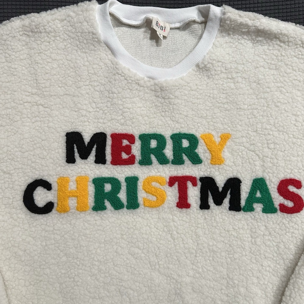BIBI Merry Christmas Sherpa Fleece Sweater Ivory Fuzzy Pullover Women's M Cozy - Picture 2 of 6